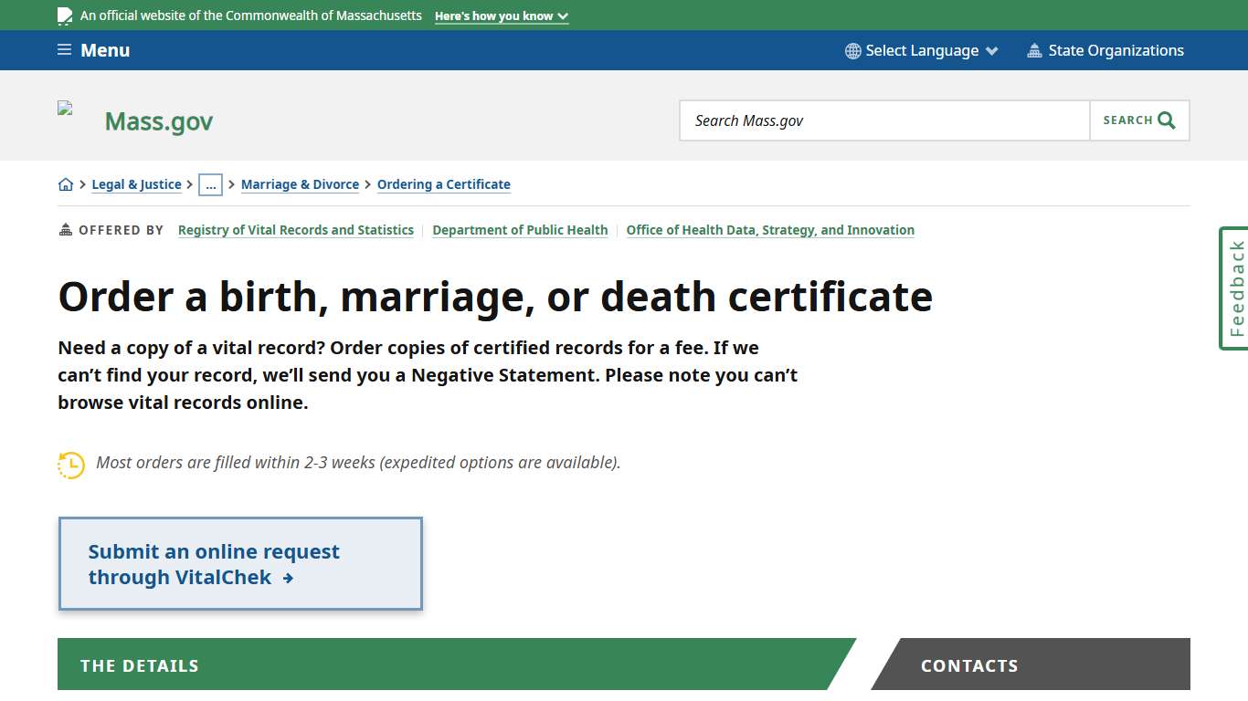 Order a birth, marriage, or death certificate | Mass.gov